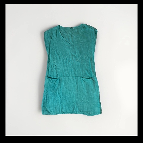 Meo Meli Teal V-Neck linen Sleeveless dress Italy made - Picture 1 of 7